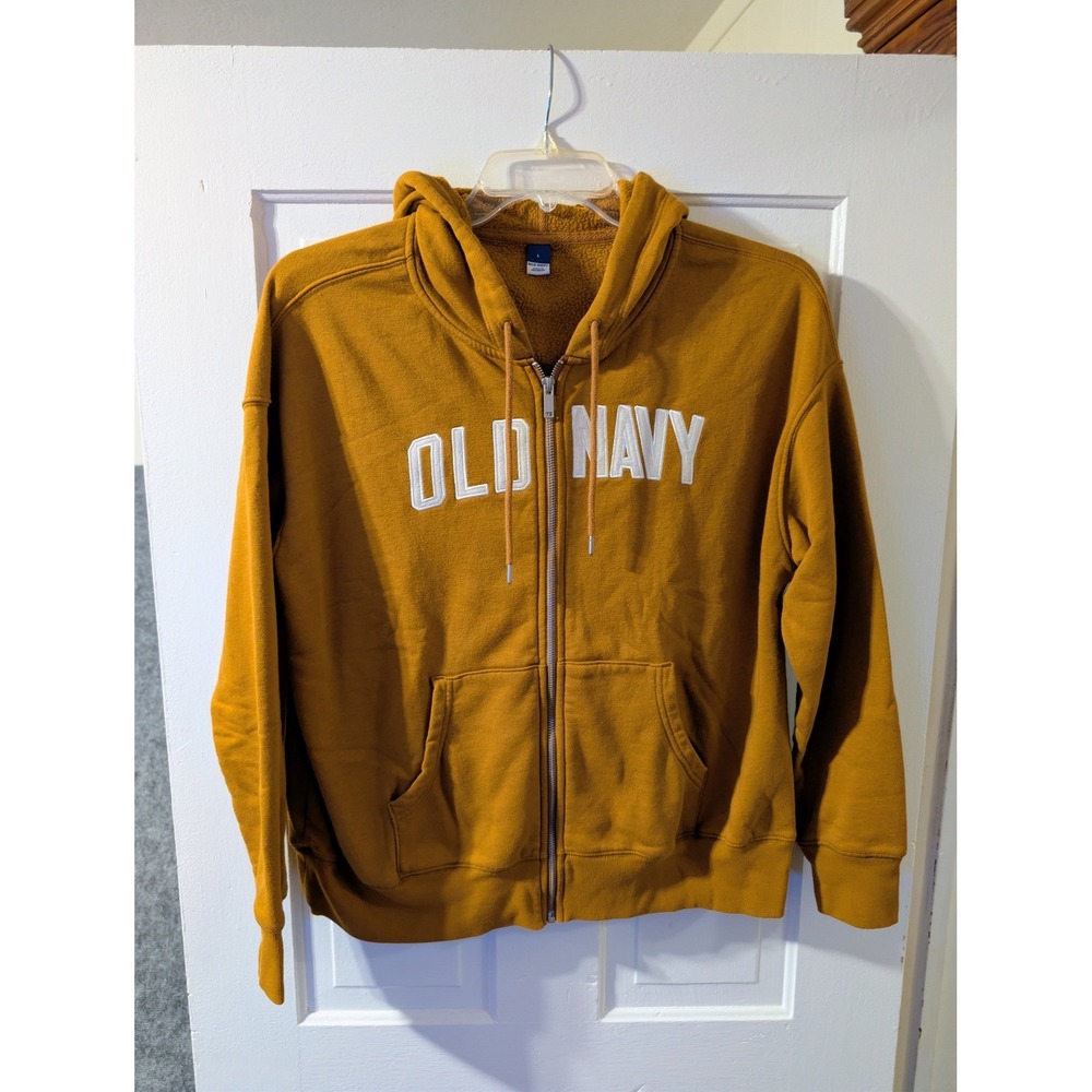 Old Navy Full Zip Hoodie Mens Large Mustard Yellow Embroidered Logo Fleece
